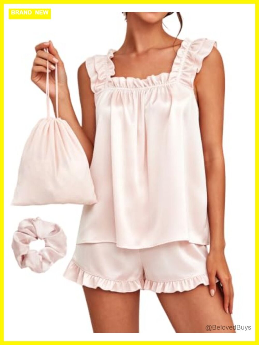 SAPJON Women's Silk Satin Pajama Set Ruffle Shorts Tank Top 4Pc
